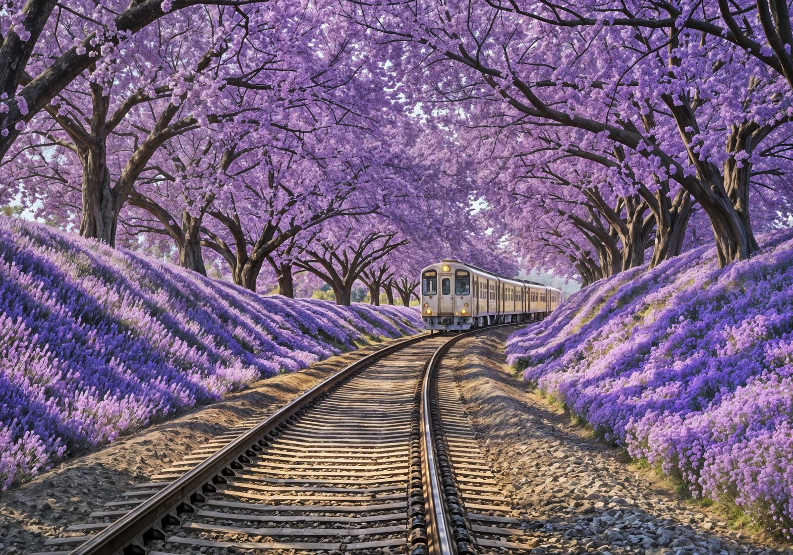Idyllic Train Journey Through Purple Floral Archway