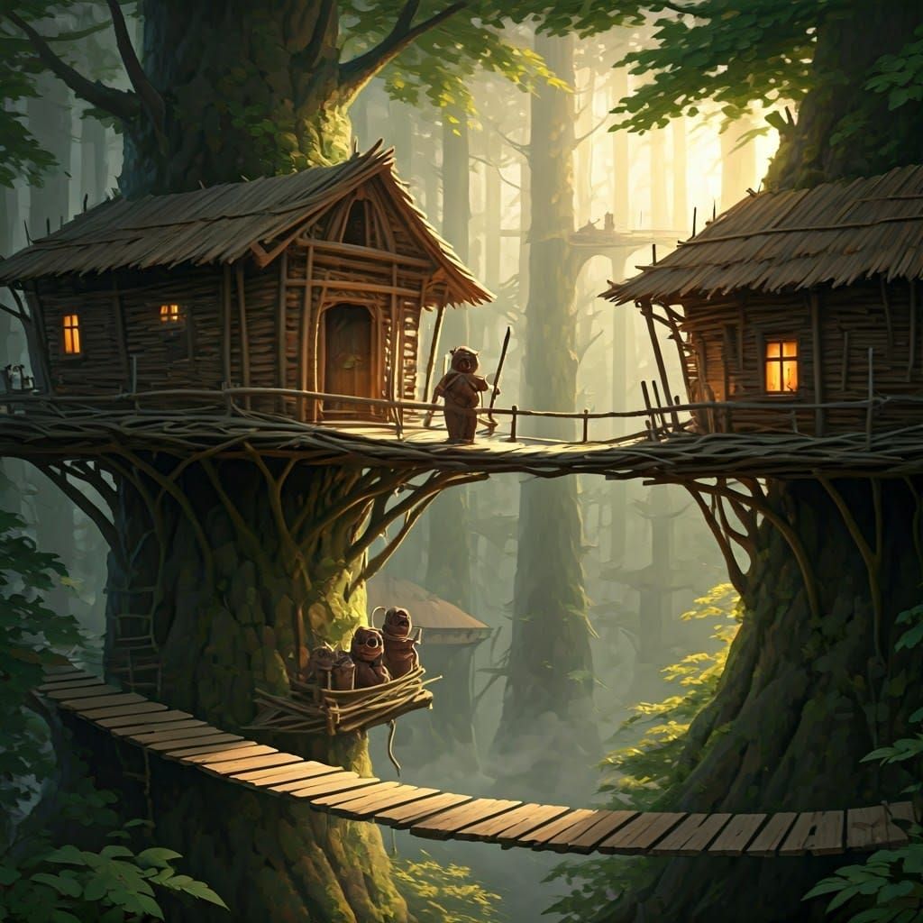 Ewoks Constructing Treehouses in Misty Forest