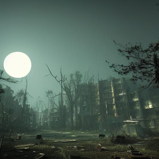 A moonlit overgrown city in ruins