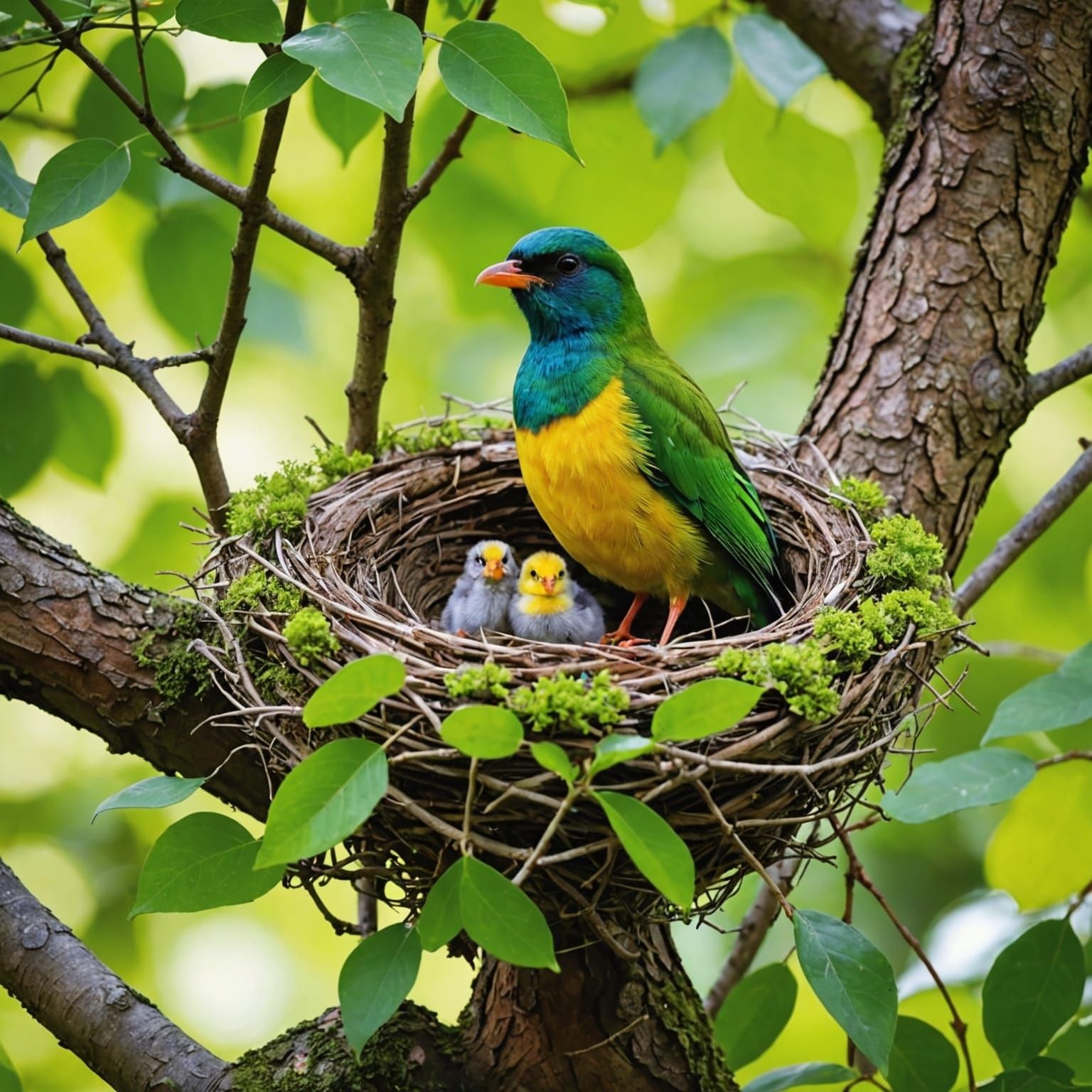 Colorful Bird and Chick in Vivid Green Nest