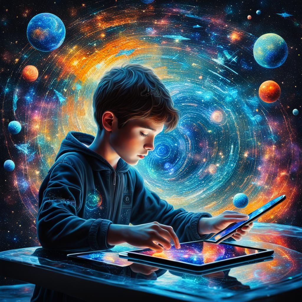 Boy Immersed in Cosmic Holograph, Impasto Oil Painting