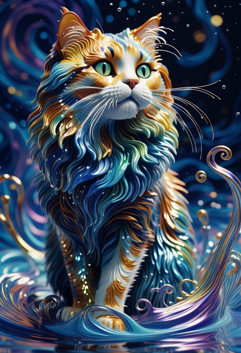 Calico Cat Made of Water in Digital Claymation