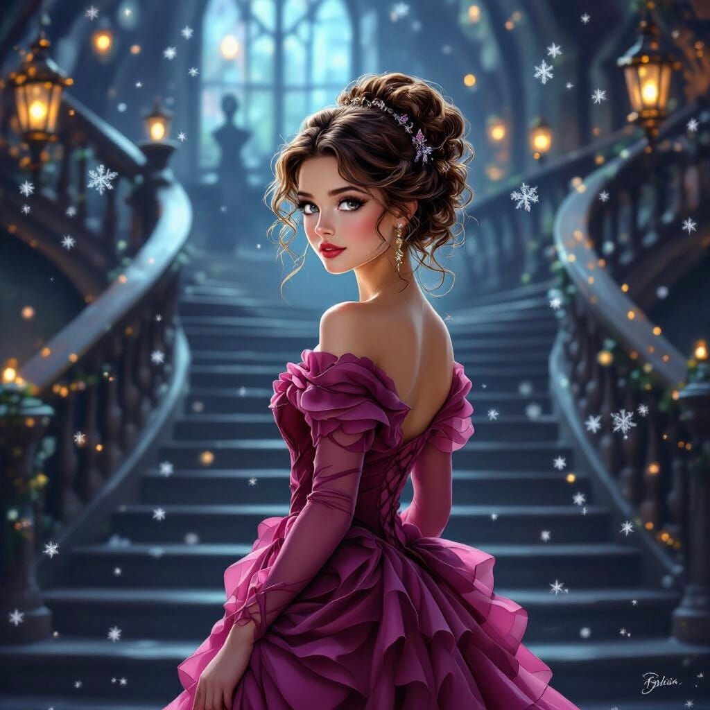 Witch in Pink Gown Descends Hogwarts Staircase