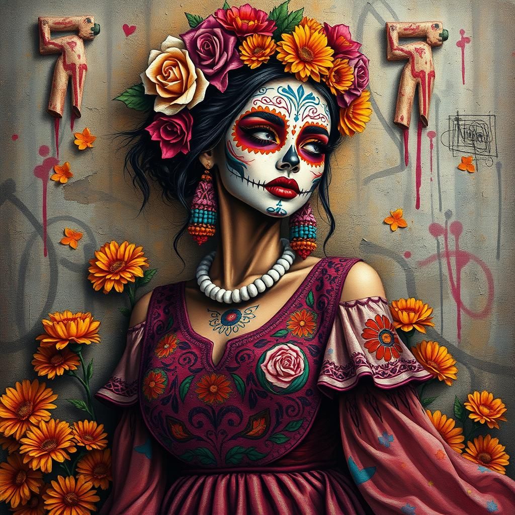 Woman with Día de los Muertos Face Paint in Street Art Style