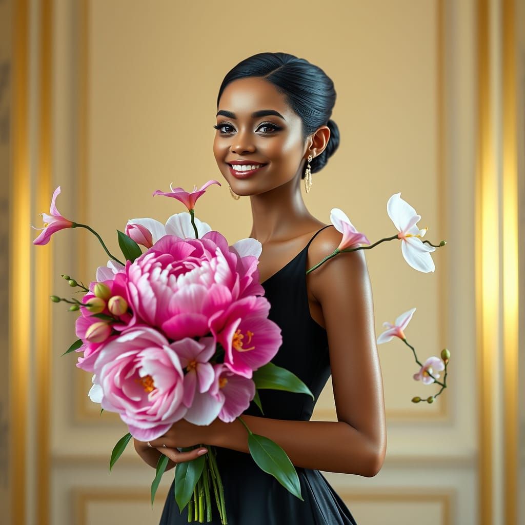 Beauty with radiant smile holding a vibrant bouquet