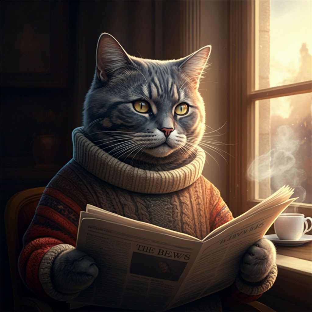 Cozy Cat Reading Newspaper in Fantasy Realism Style