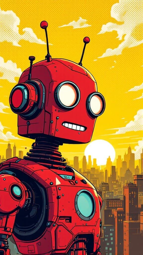 Retro-Style Red Robot Smiles in Urban Sunset