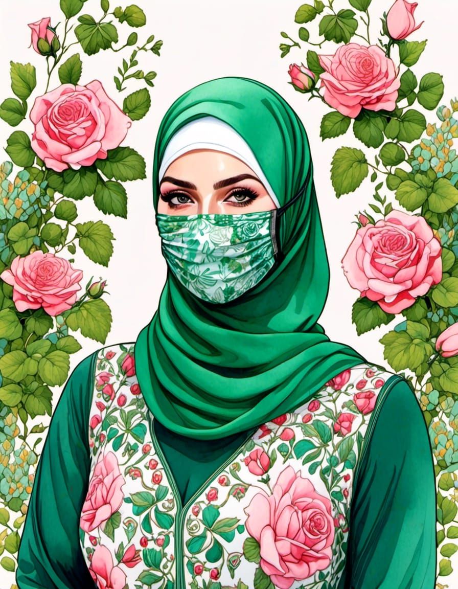 Watercolor Portrait of a Hijabi Woman in Rose Garden