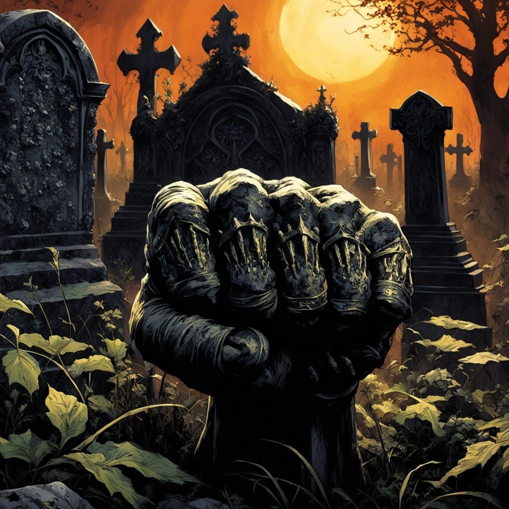 Gauntleted Fist Emerges in Gothic Cemetery