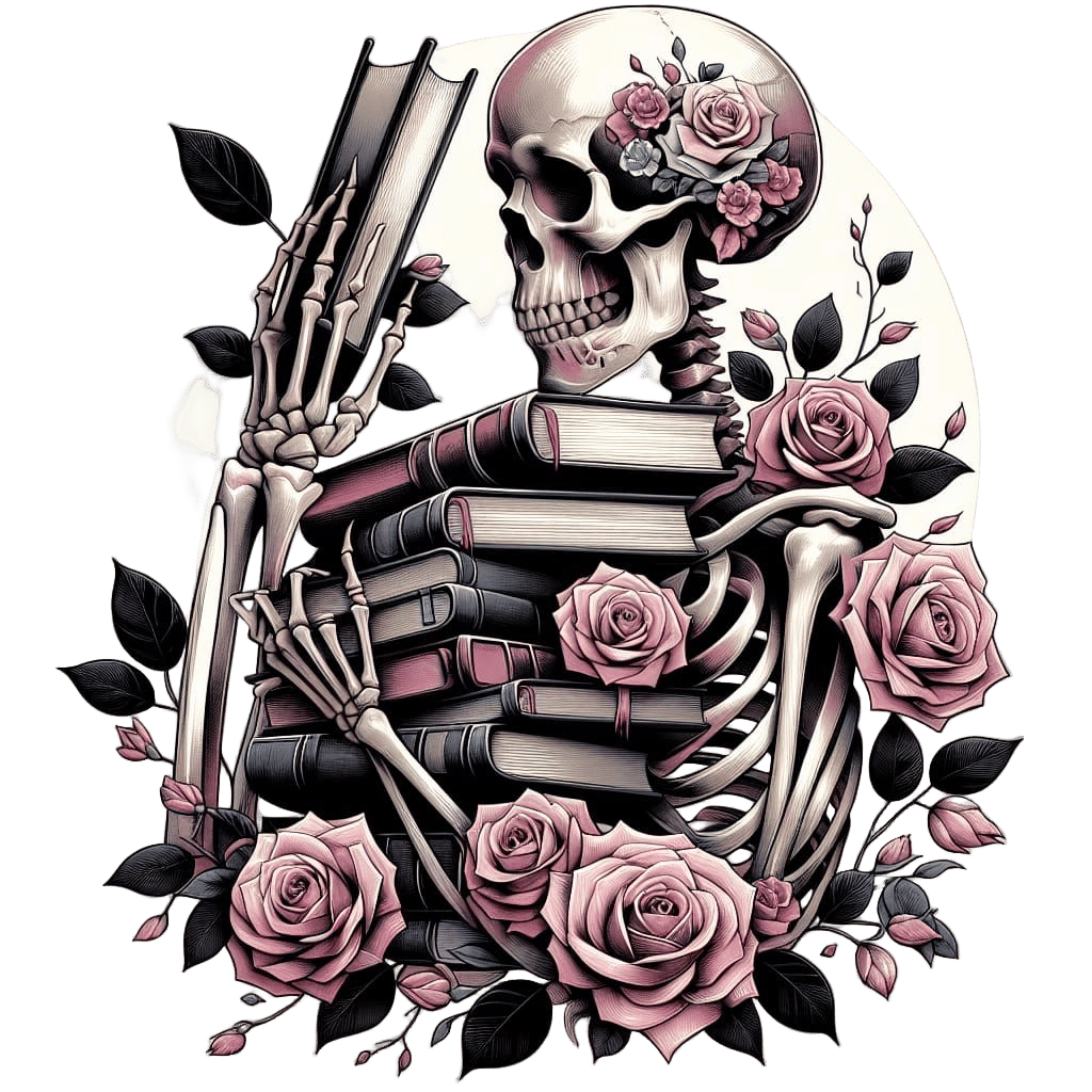 Gothic Skeleton Holding Books Amidst Roses