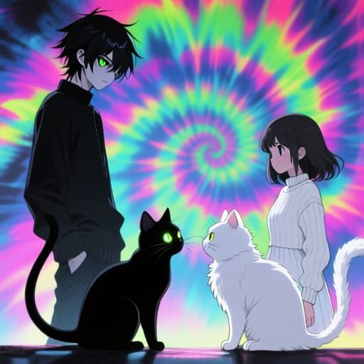 Anime Characters and Cats in Vibrant Tye-Dye