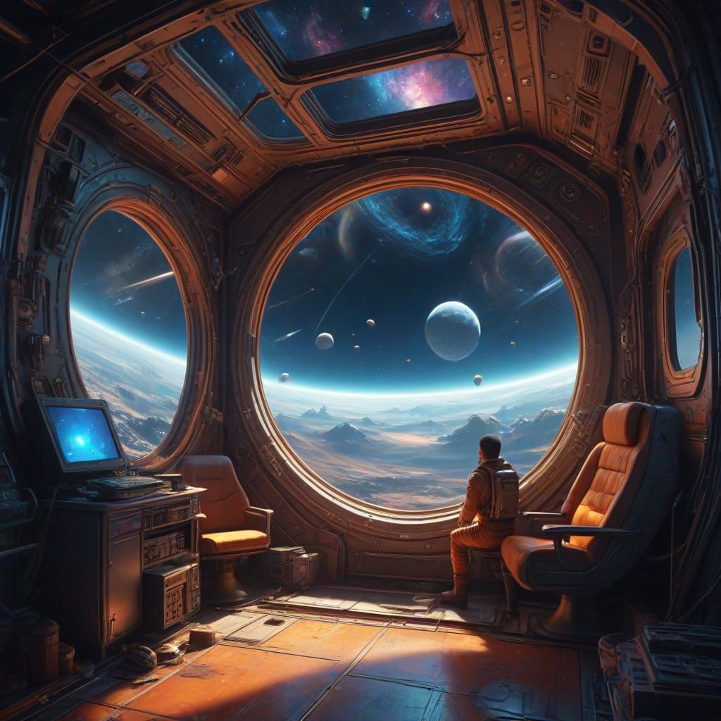 Astronaut Gazing at Nebula in Retro Spaceship