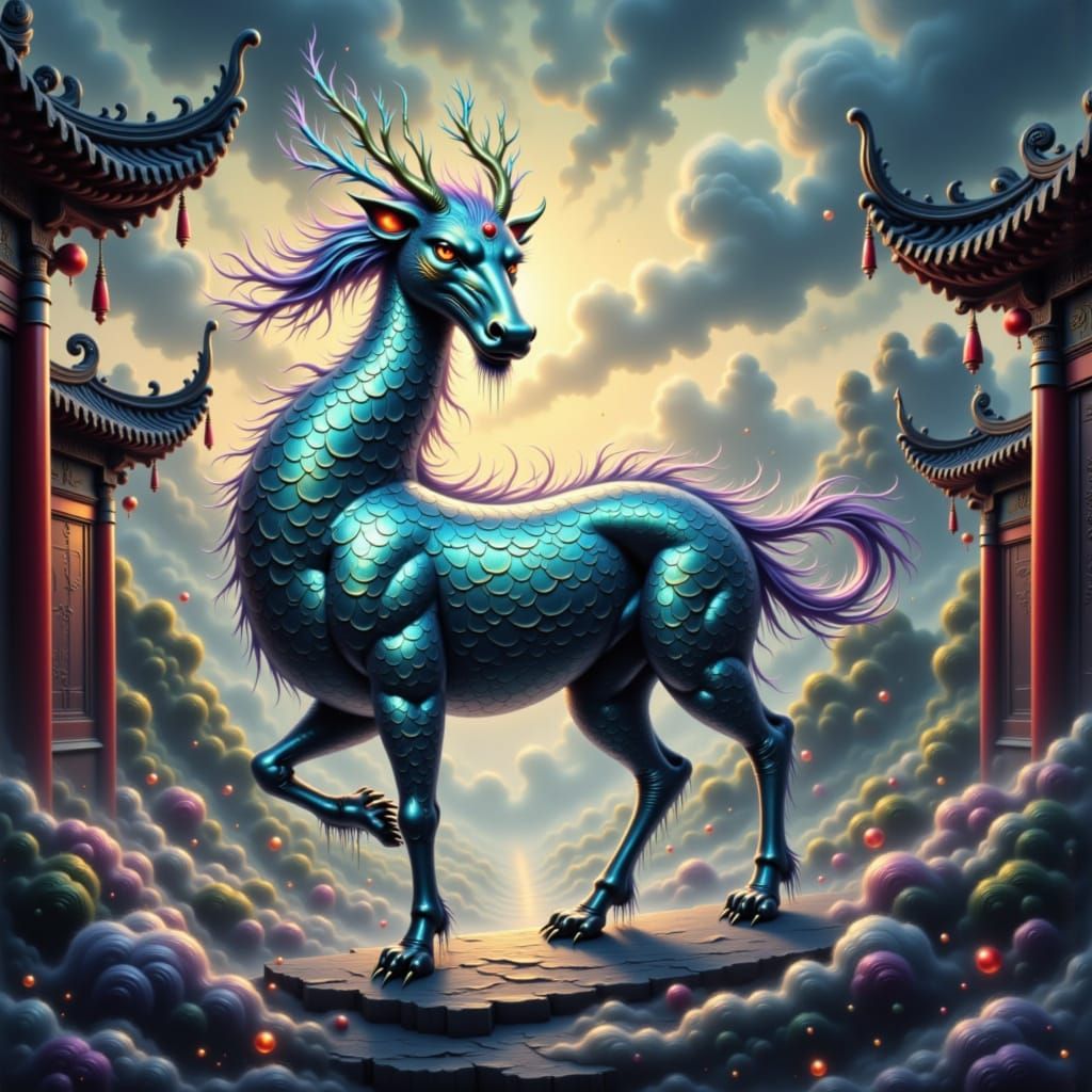 Majestic Qilin in Traditional Chinese Ink Wash Painting Styl...