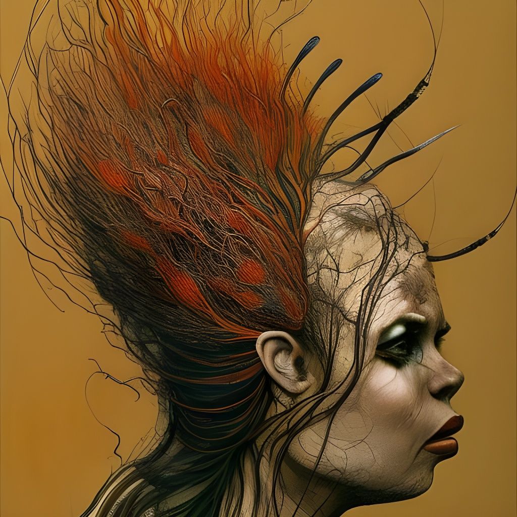 Woman with Centipede Hair: Mixed Media Art