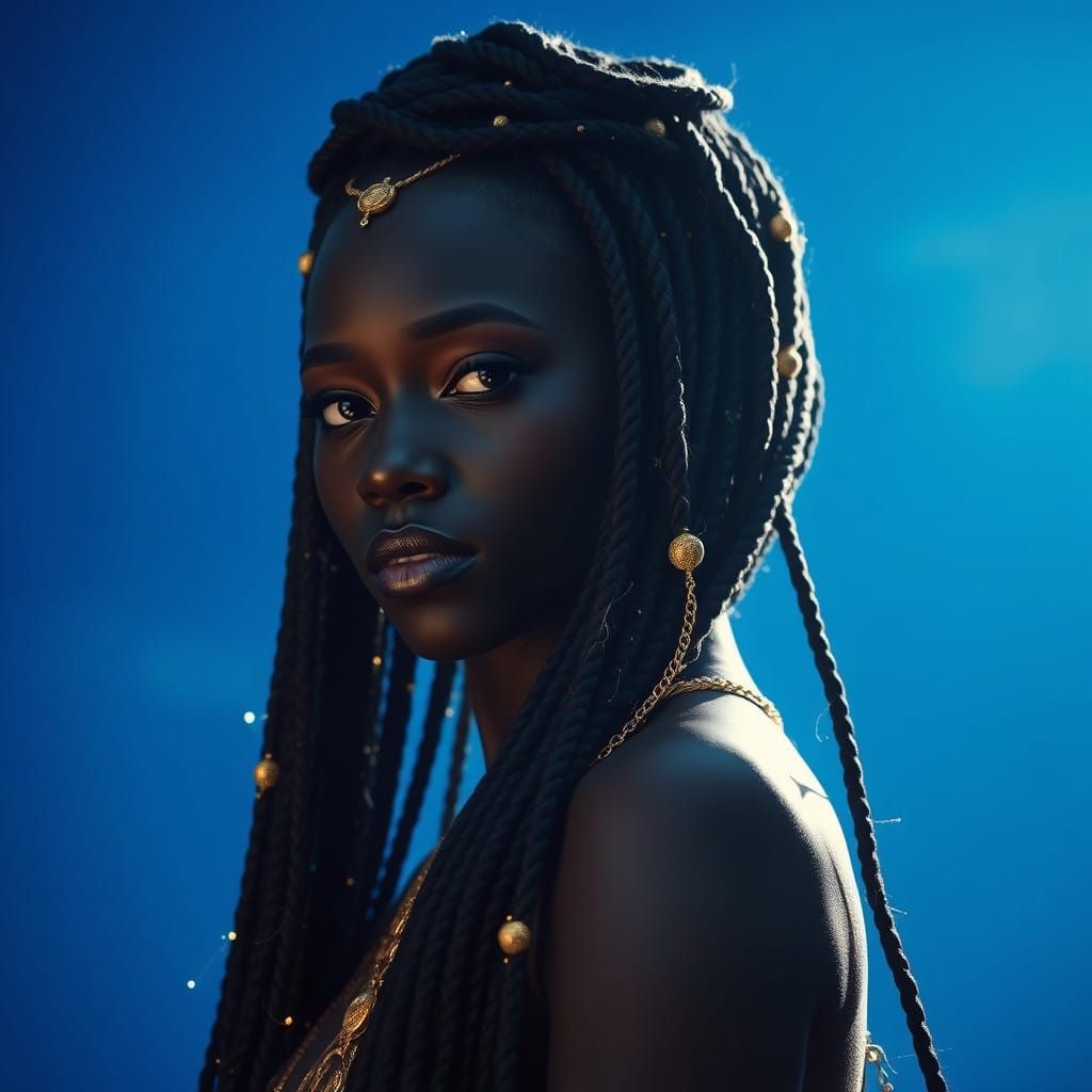 Regal Black Woman in Sapphire Night Sky