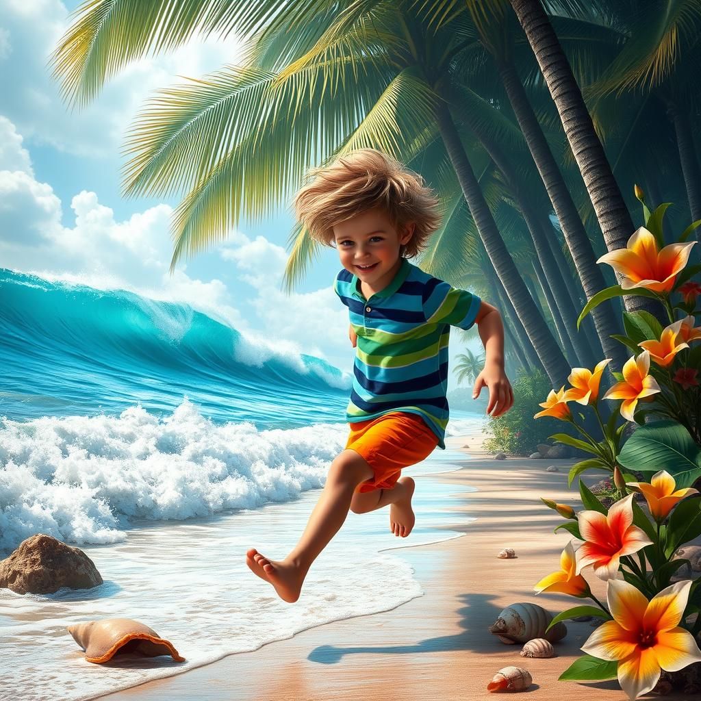 Joyful Boy on Tropical Beach in Fantasy Matte Painting