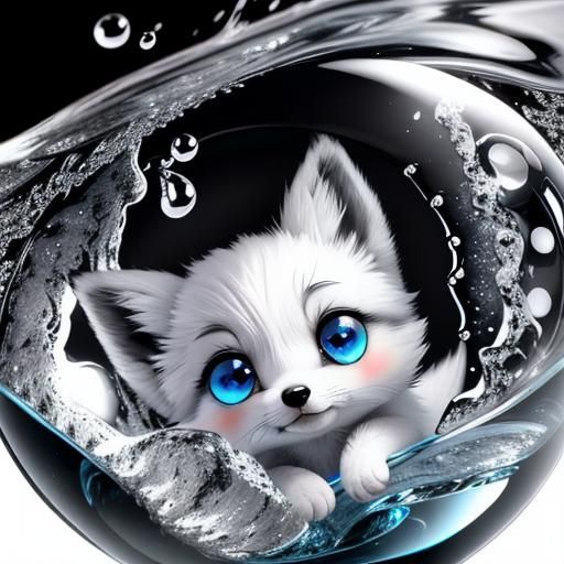 Chibi Fox in Water Droplet: Grayscale Whimsical Art