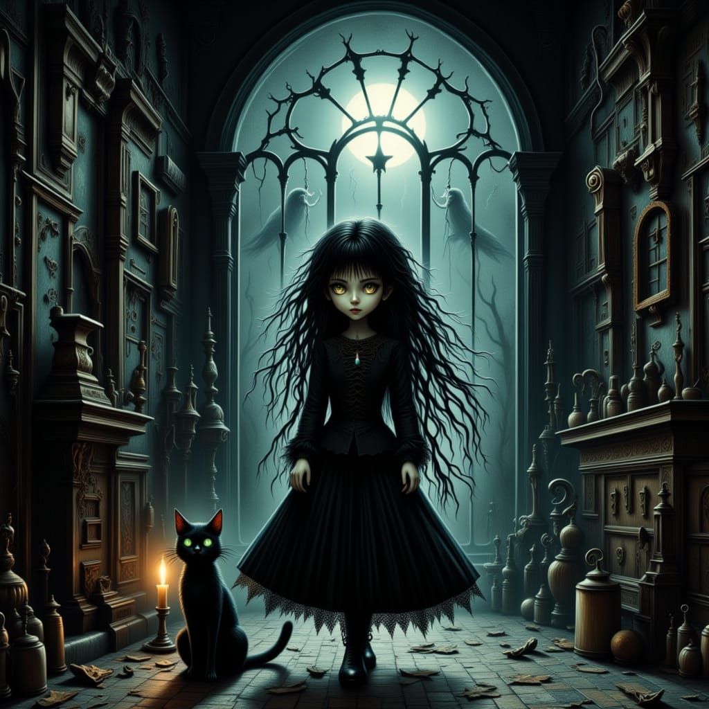 Gothic Spooky Mansion with Girl and Black Cat