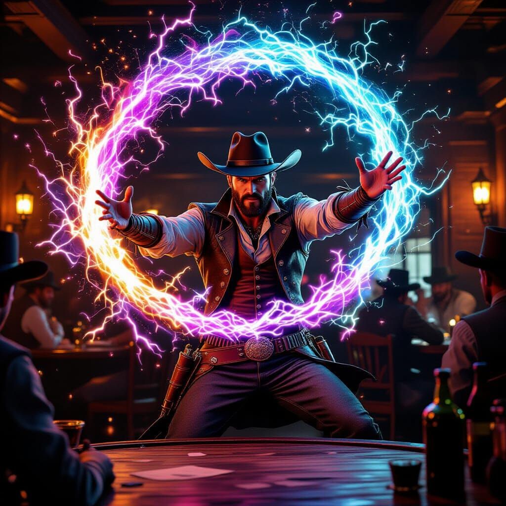Cowboy Conjures Arcane Energy in Saloon