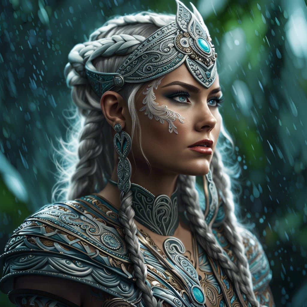 Hyperrealistic Rococo Viking Woman in Rainy Jungle