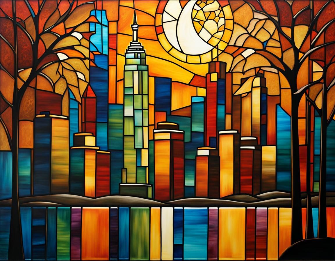 Stained Glass Manhattan Islandscape in Mad Art Style