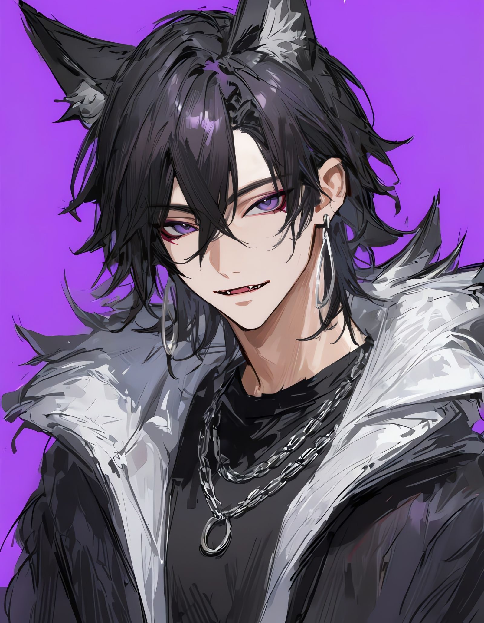 Bishounen Wolf Boy with Purple Eyes and Fangs