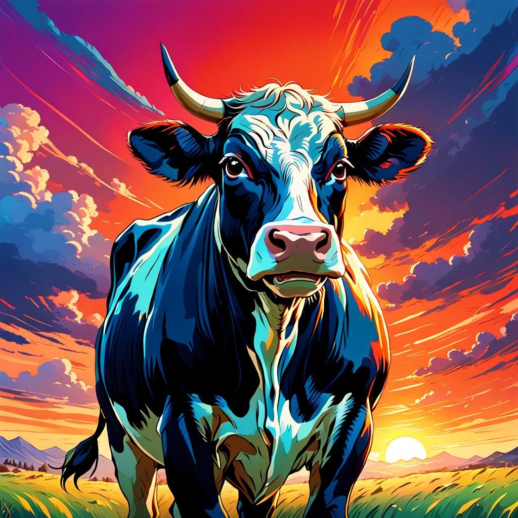 Anime Cow in a Dynamic Sunset, Cel Shading