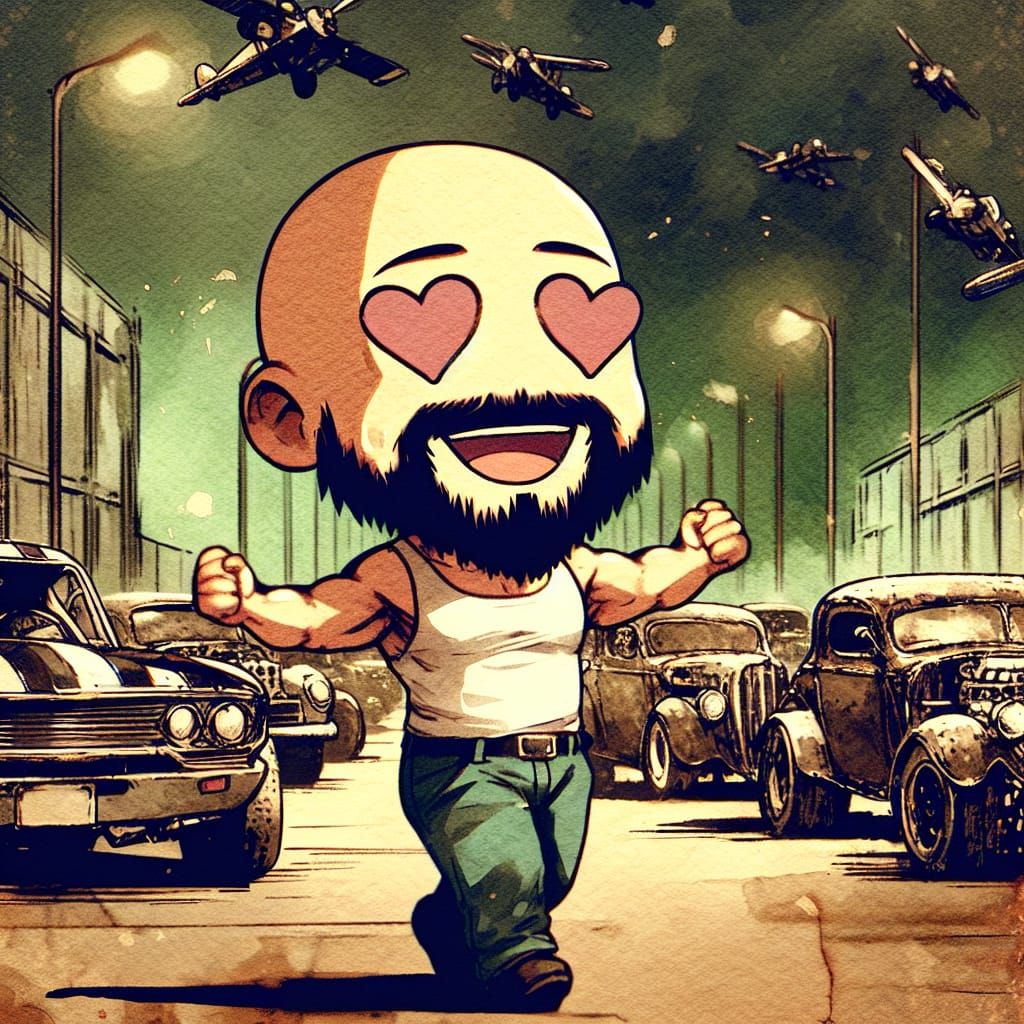 Joyful Chibi Character at Car Show in Watercolor Style