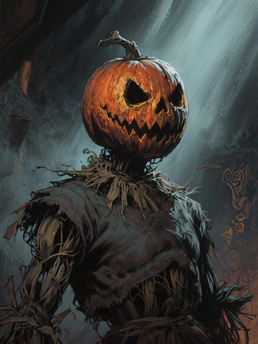 Creepy Pumpkinhead Scarecrow Portrait in Dramatic Light
