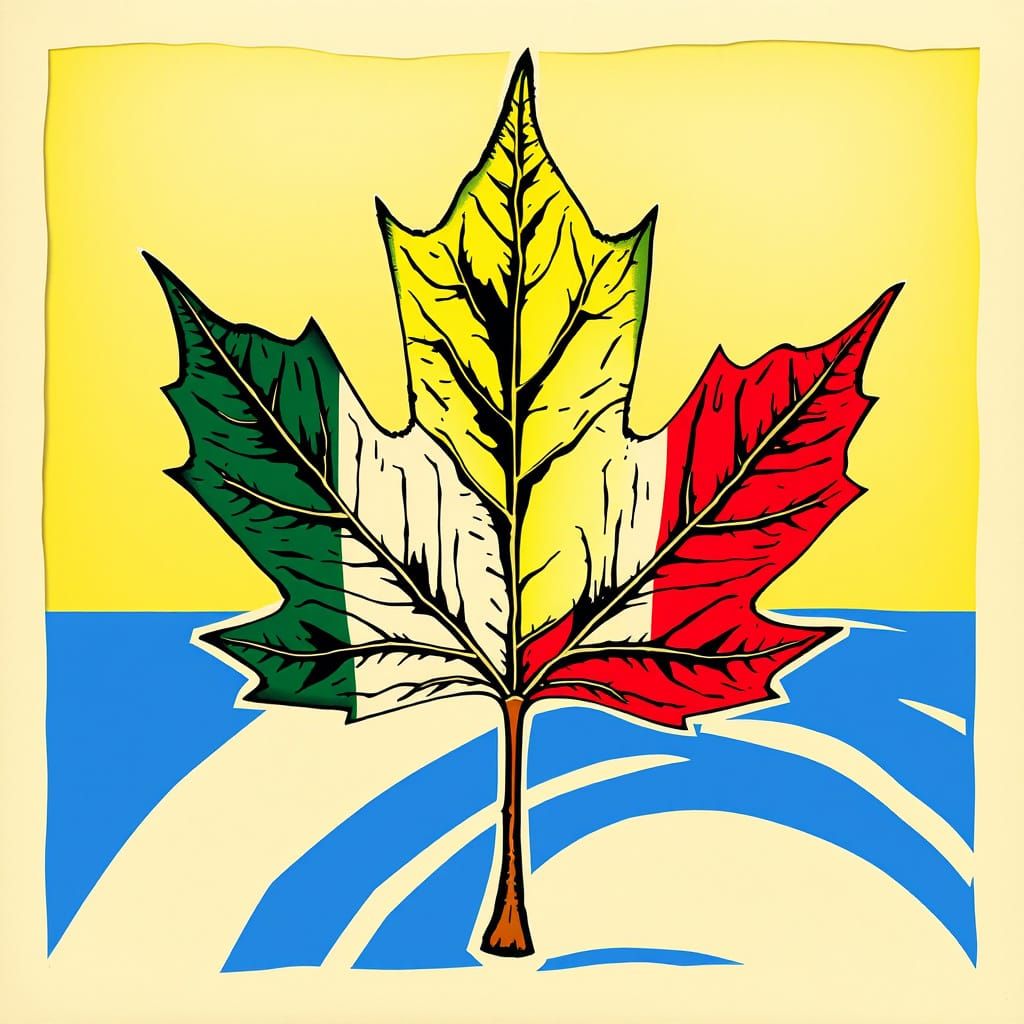 Vibrant Maple Leaf in Woodcut Style, Uniting Cultural Symbol...