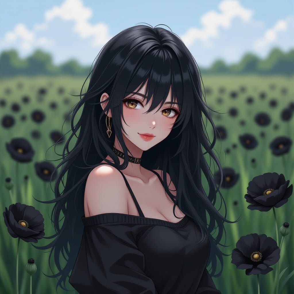 Woman in Black Flowers, Anime Style