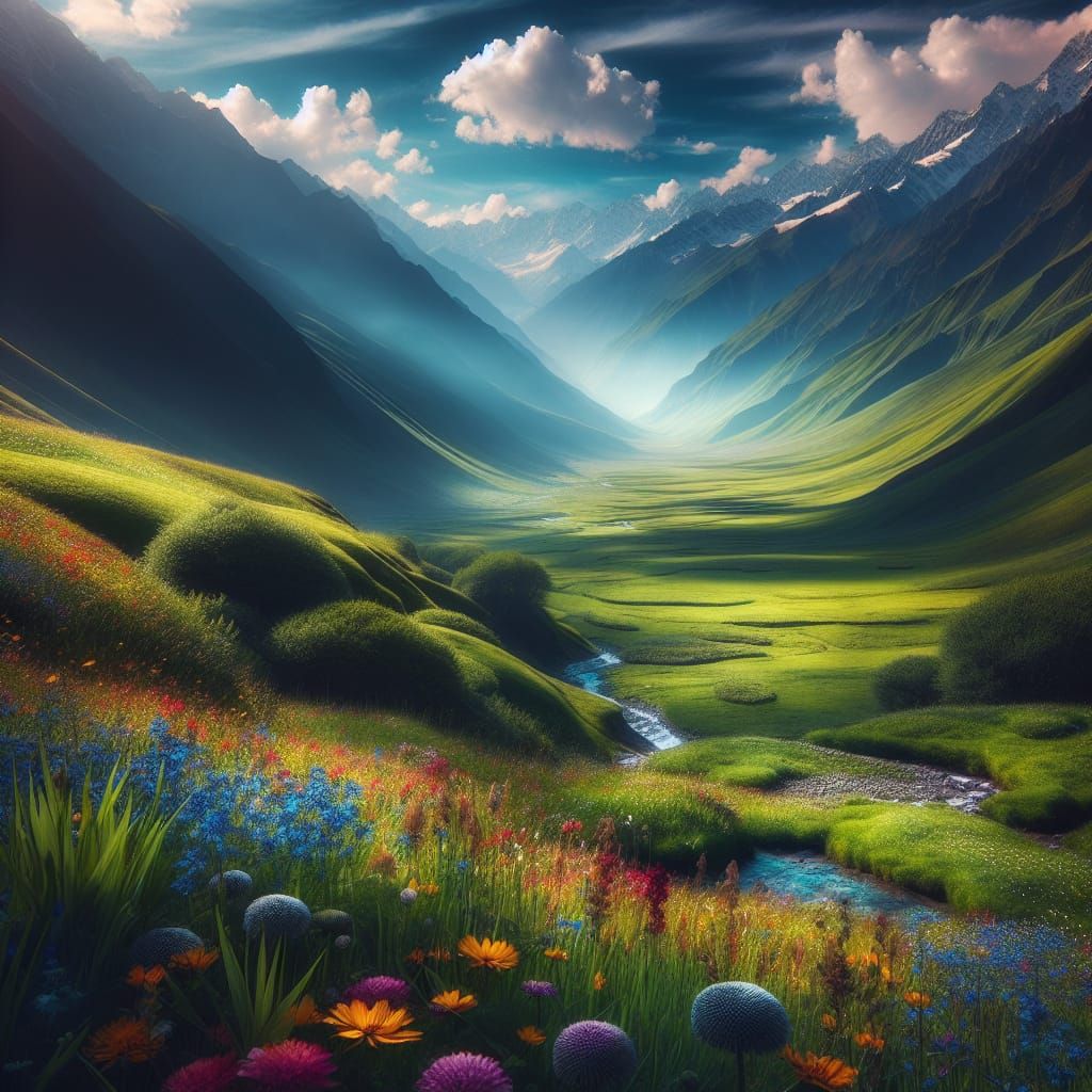 Valley of Hope: Himalayan Landscape with Wildflowers