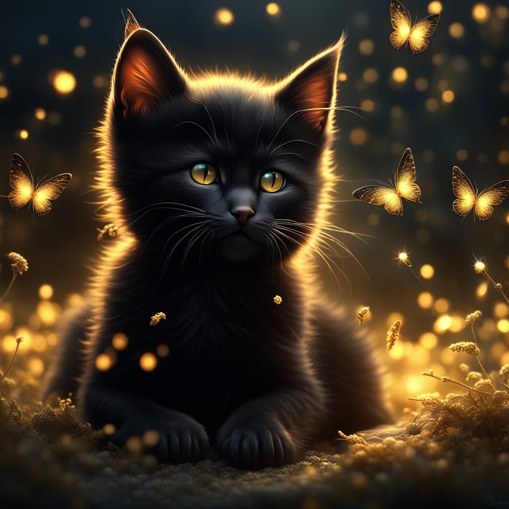 Cute Black Kittens in Bioluminescent Gold Setting