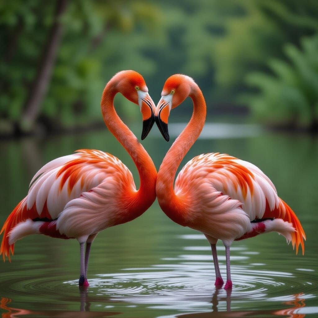 Two Flamingos Form a Heart Shape