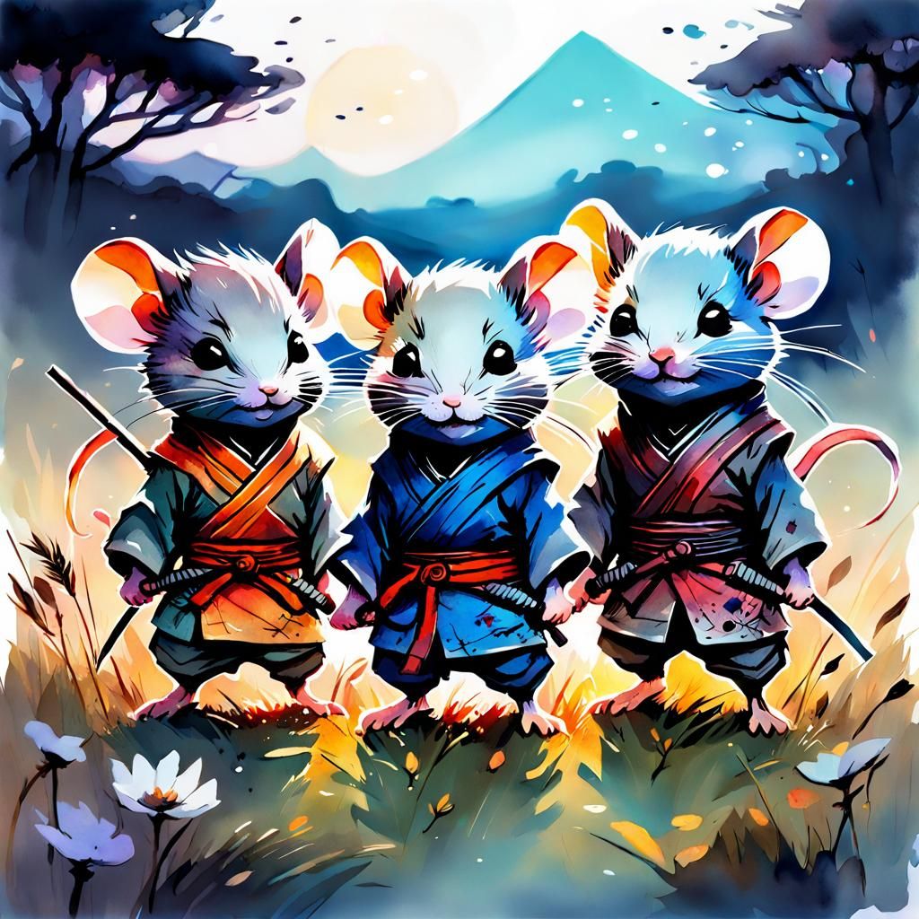 Chibi Ninja Mice in Meadow, Digital Watercolor
