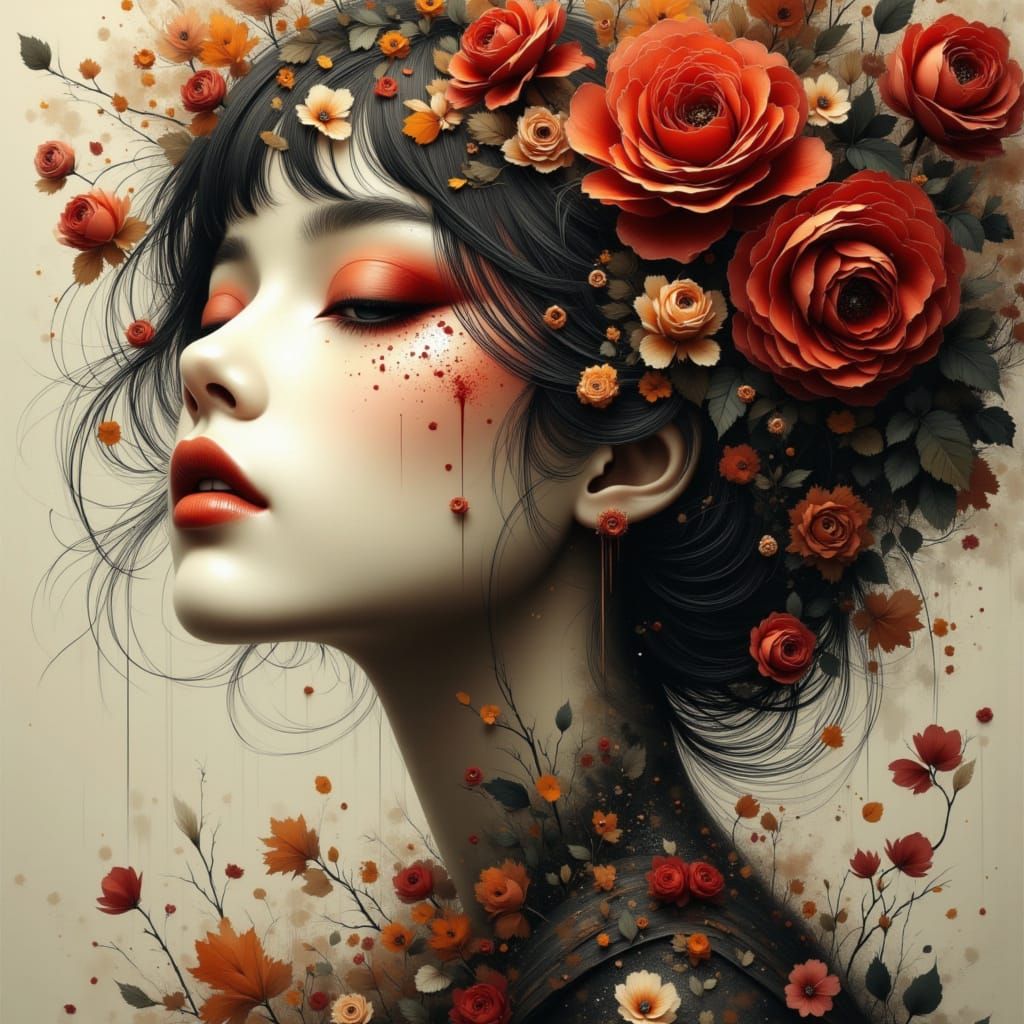 Surreal Floral Portrait Fusion in Watercolor Style