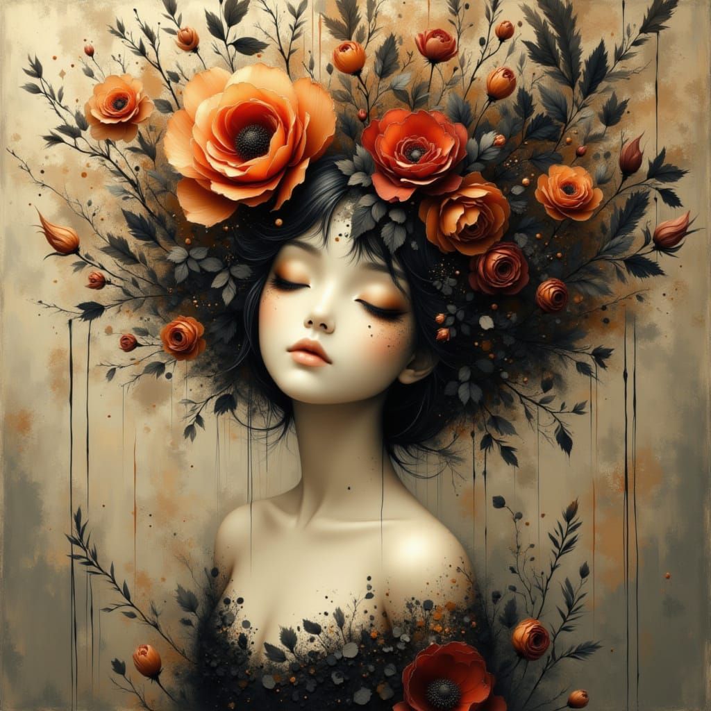 Monochromatic Floral Portrait in Watercolor Style