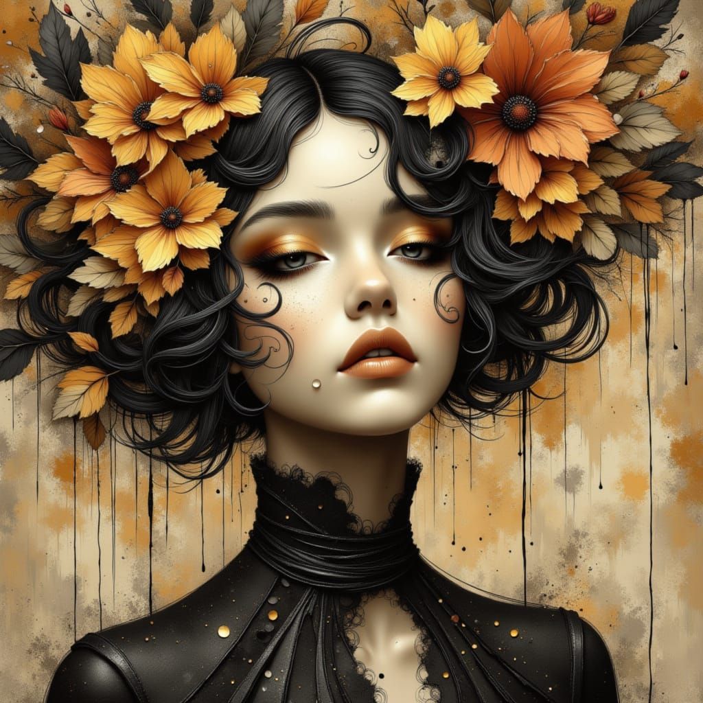 Surreal Floral Portrait in Watercolor and Ink Wash Style