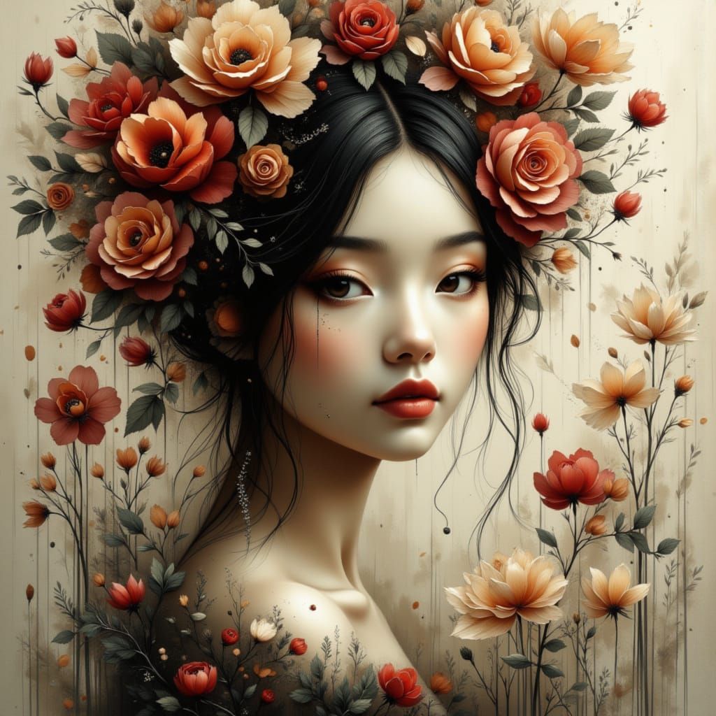 Elegant Female Portrait in Surreal Floral Fusion Style