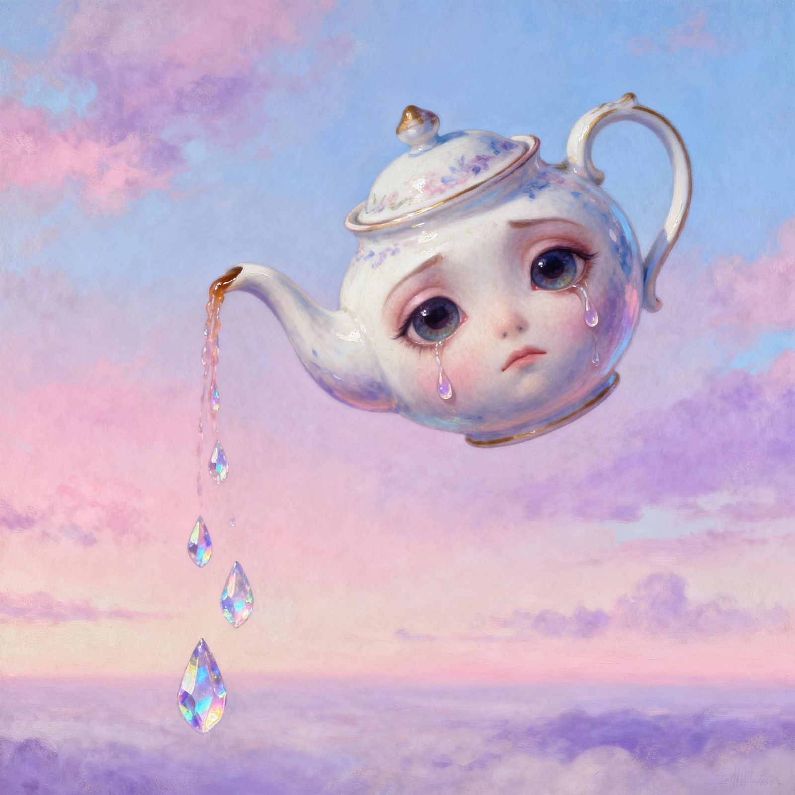 Sad Porcelain Teapot Pours Crystal Tears in Pastel Sky