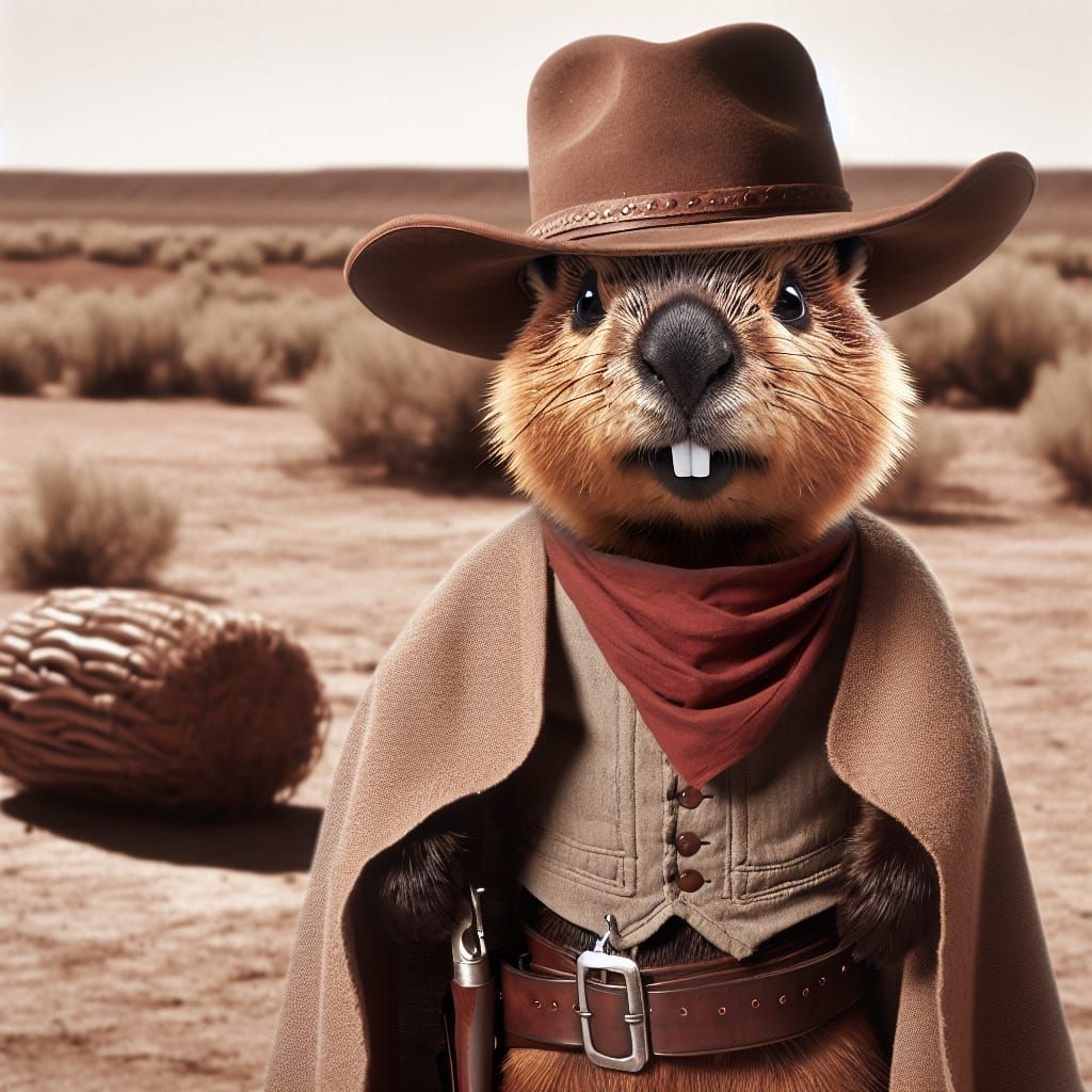 Beaver as Western Film Character in Desert