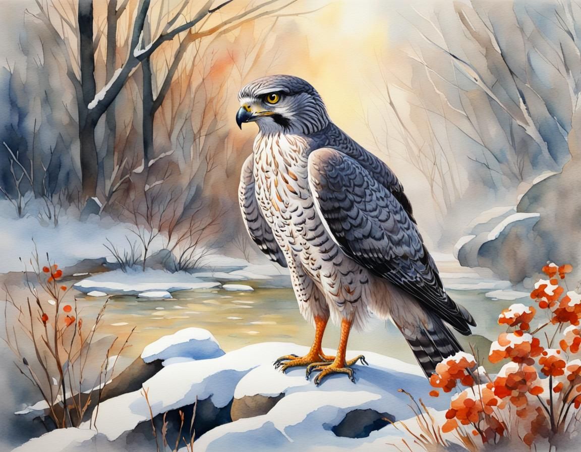 Hyperrealistic Watercolor Northern Goshawk with Flowers