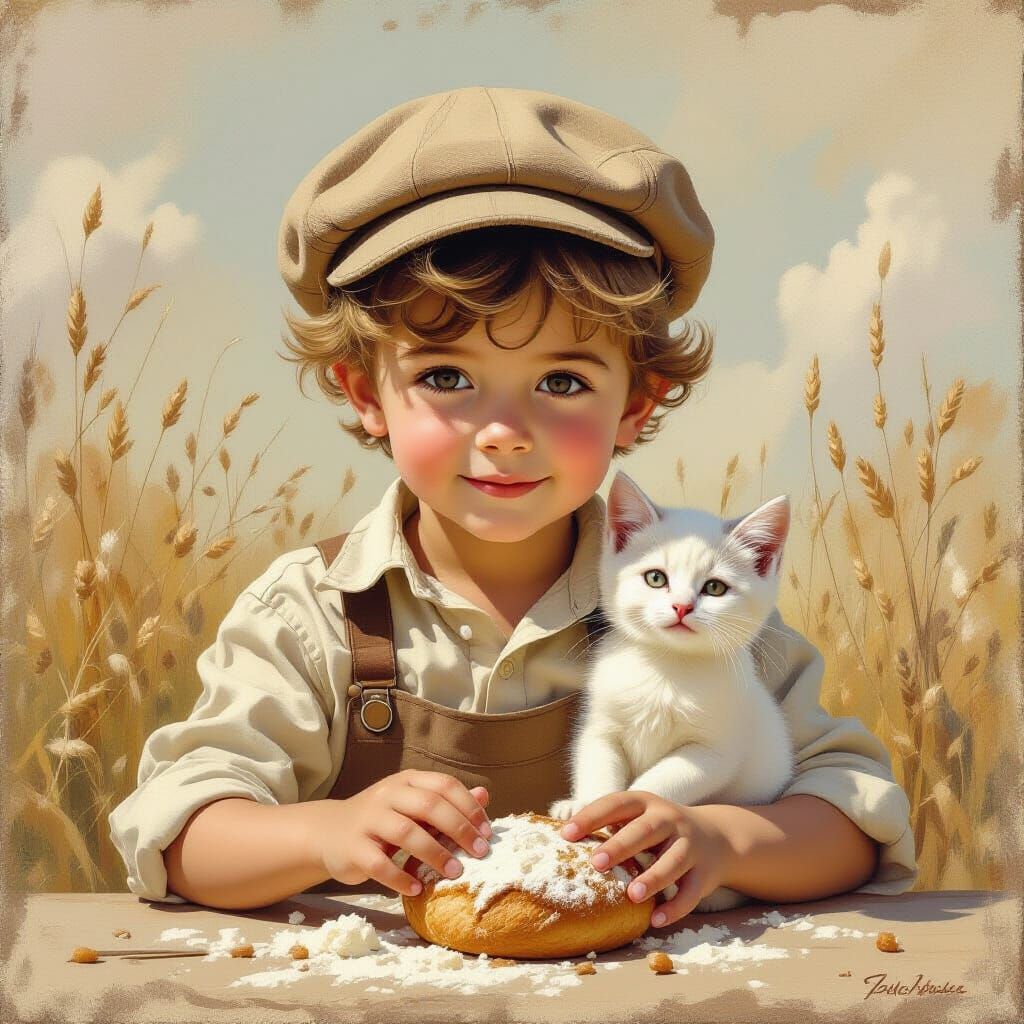 Boy Baker with Kitten in Vintage Splash Art Style