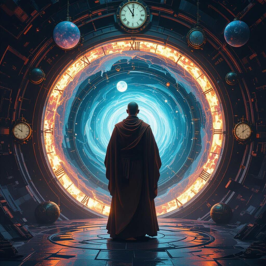Monk in Swirling Time Tunnel, Matte Painting Style