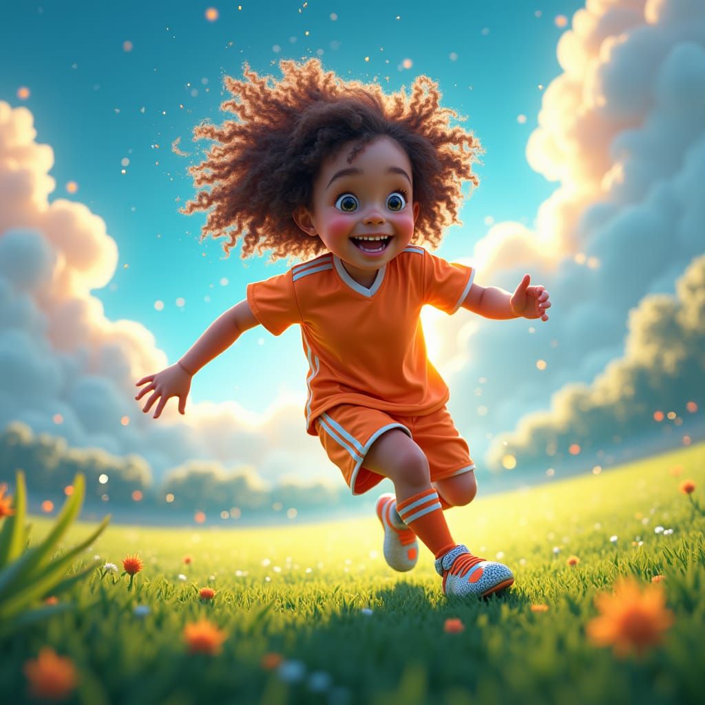 Joyful Girl on Mystical Soccer Field in 80s Style