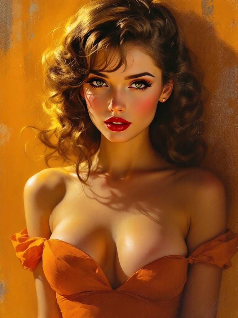 1950s Pin-Up in Impressionist Style with Golden Tones