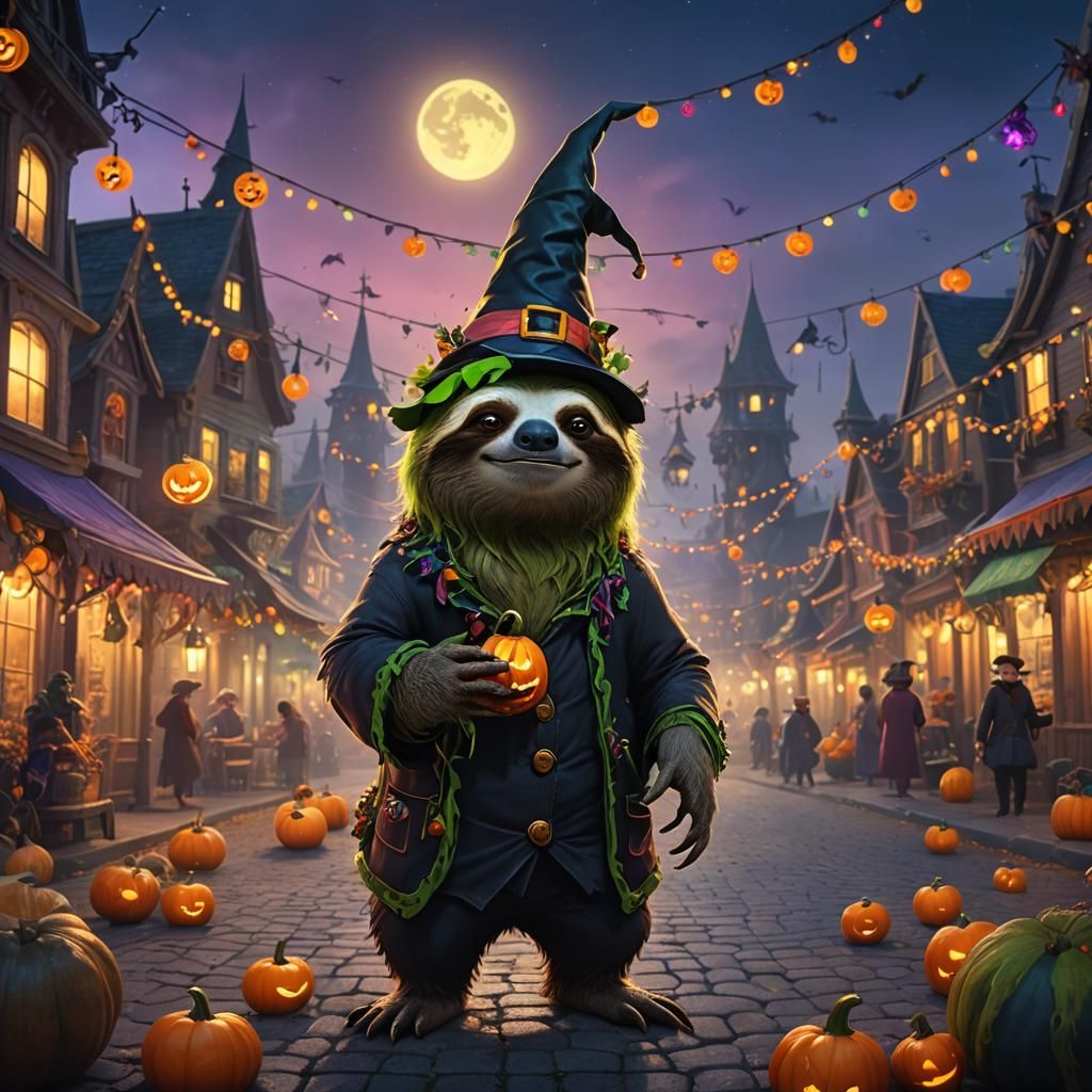 Sloth Grinch Steals Halloween: A Whimsical Oil Painting
