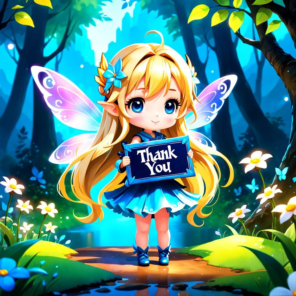 Cute Chibi Fairy Thank You Sign in Watercolor