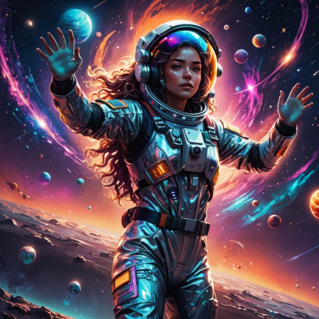 Astronaut Girl in Space, Vibrant Digital Art