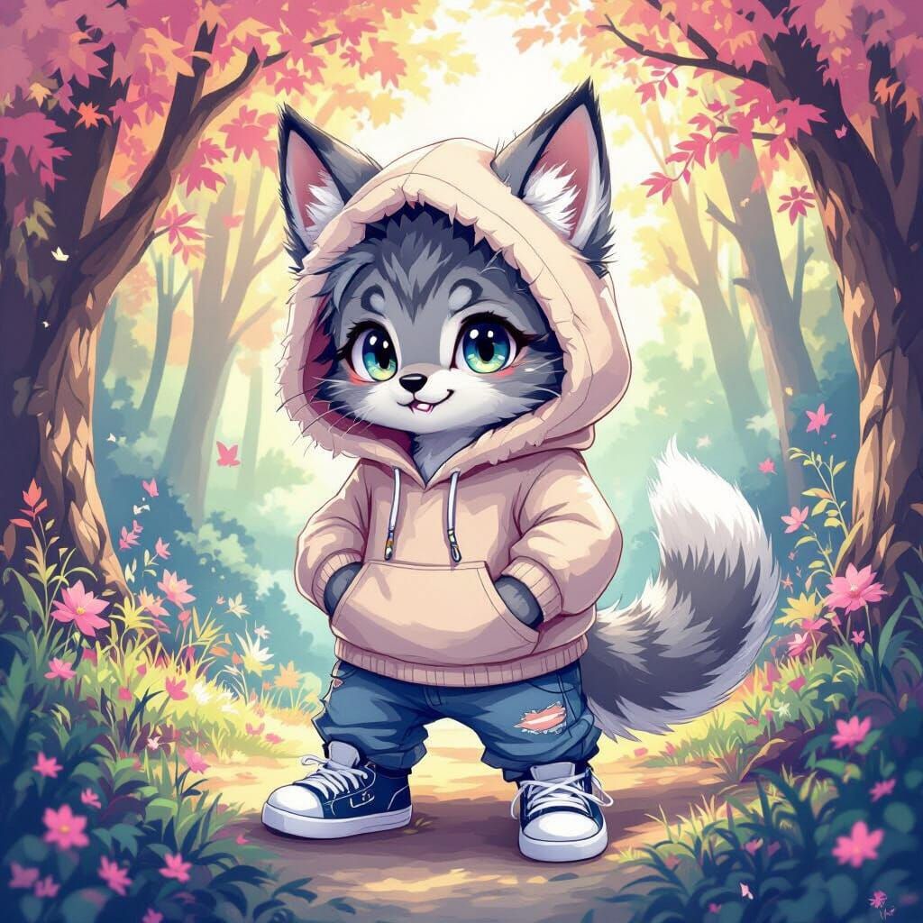 Anime Kitten Wolf Dragon Hybrid in Vibrant Forest